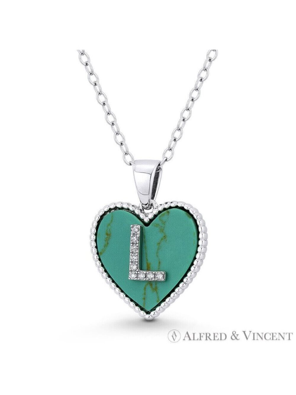CZ Crystal Initial Letter "L" Faux Turquoise Heart Charm in .925 Sterling Silver